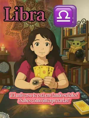 An illustration-style image featuring a young woman seated at a table, holding tarot cards. She is the central figure, with the word "Libra" in a stylized font above her, and a purple square with the Libra symbol in the upper right corner. Behind the figure is a floral tapestry, and the overall composition is warm and inviting. Text bubbles at the bottom contain additional text.