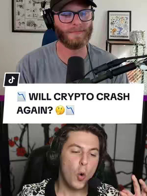 The cover image shows two men against different backgrounds. The primary focus is on the text overlay near the upper part of the screen "WILL CRYPTO CRASH AGAIN?" and the question is accompanied by a worried emoji and a downward chart arrow.