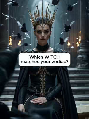 A woman with a jeweled crown and black attire is positioned centrally, accompanied by dark crows in an ethereal background. A text overlay asks, "Which WITCH matches your zodiac?"