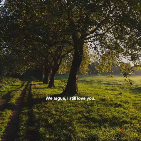 A serene landscape featuring a path winding through a green field with trees lining both sides. Overhead, the sky is partly visible.