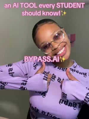 A selfie-style image featuring a young woman smiling and giving a thumbs-up. She is wearing glasses, a light purple long-sleeve shirt with black text all over it, and her hair is styled back. Text overlays include "an AI TOOL every STUDENT should know!" in a pink color and "BYPASS.AI" in bubble letters. The overall composition uses a warm and inviting color palette enhancing a friendly and informative feel.
