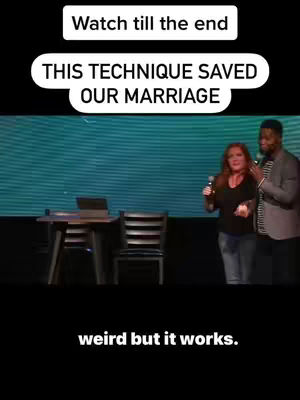 The cover image shows a couple standing on a stage, likely a church setting, with a teal background. The man on the right wears a gray suit, and the woman holds a microphone. Text overlays read 'Watch till the end', and 'THIS TECHNIQUE SAVED OUR MARRIAGE.' There's a table and chairs visible to the left, and the bottom has the text 'weird but it works.'