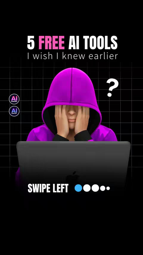 The image is a vertical composition with a black background. At the top, bold pink text reads "5 FREE AI TOOLS" followed by "I wish I knew earlier." A digital illustration depicts a person in a purple hoodie, with the hood up, obscuring their face. They are positioned behind a gray laptop. To the top right, a white question mark floats. On the lower left of the image, there are two logos and text that says "AI INSIDERS", and "AI CENTURY". At the bottom of the image , the text "SWIPE LEFT" with three white dots and one blue dot at the right. The overall layout aims to be informative and engaging.