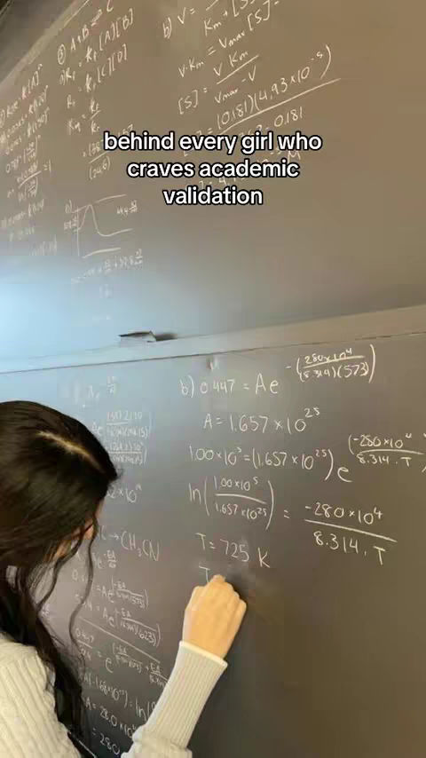 The image shows a student's hand writing formulas on a chalkboard. The background is filled with scientific equations. In the foreground, a hand writes with chalk. At the back a text overlay reads: "behind every girl who craves academic validation"