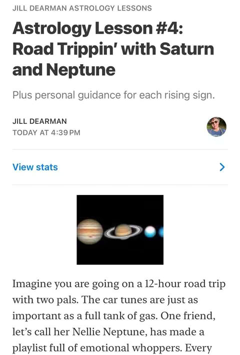 The cover image is a screenshot from a blog post, featuring a title on top and planets at the bottom. The title reads Astrology Lesson #4: Road Trippin' with Saturn and Neptune. Below the title, it says Plus personal guidance for each rising sign. Below that, is a profile picture of the author. Below that is a picture of Jupiter, Saturn, Uranus, Neptune and Pluto set against a black background.