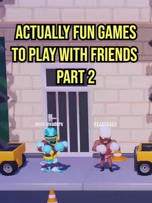 The cover image is a stylized graphic promoting a video about fun games. The background depicts an urban environment with a brick wall and a door. Two cartoon characters, one dressed as a diver and the other as a boxer, are positioned on either side of the door and are holding cartoonish boxing gloves. The text overlay includes "ACTUALLY FUN GAMES", "TO PLAY WITH FRIENDS" on top and "PART 2" at the bottom. The color scheme is vibrant, with yellow text and bright character designs. The layout is clean, with text appearing in a rectangular shape for good readability.