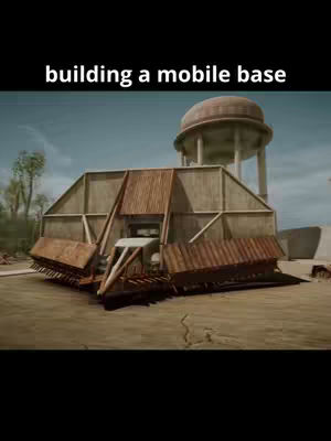 The cover image features a stylized, low-poly looking structure set against a clear sky and a desolate landscape. The central element is a mobile base constructed from geometric shapes, with rusted metal panels and a large, cylindrical water tower in the background. The overall composition has a post-apocalyptic or survival game aesthetic.