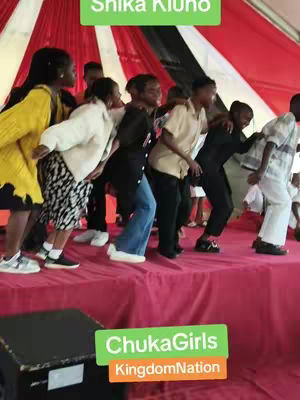 A group of diverse people are dancing on a stage. The stage has a red surface. Above them are white and red drapes. At the bottom is a speaker.