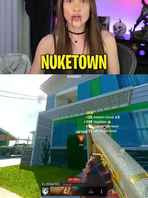 The image is split into two sections. The top half features a woman with long brown hair and a choker, seemingly the video creator, with what appears to be blood dripping from her mouth. Overlaid on her is the word NUKETOWN in a bold yellow font. The bottom half shows a first-person view, likely from a video game, with a building backdrop and gaming interface elements such as score and in-game text.