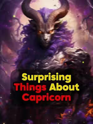 A digital artwork featuring a humanoid creature with ram-like horns and a purple, fur-like mane. The background is a swirling, dark, and mystical scene with hints of purple and orange, creating an ethereal atmosphere. Overlayed on the image is a title in yellow and red text: "Surprising Things About Capricorn".