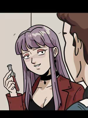 An illustrated image showing a woman holding a vial, possibly a game character. She's in a red jacket with another person visible to her right. The background is a neutral color, which could be a room or wall.