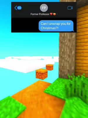 The cover image depicts a screenshot of a text message conversation overlayed on a scene from the game Minecraft. The text bubble reads, "Can I unwrap you for Christmas?!" The background features a Minecraft landscape with the sky, terrain blocks, and other elements.