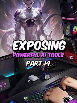 The cover image features a composite scene. In the background, a digital artwork superhero figure (Frieza from Dragon Ball Z) is displayed. Overlaid on top are the words "Exposing Powerful AI Tools" in a bold, white font with a black outline, and a pink shadow, along with "PART 14" in the same font. The foreground reveals a gaming setup, with a hand operating a lit keyboard, a watch, and other tech accessories on the desk, suggesting an emphasis on technology and AI.