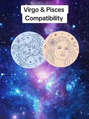 The image is set against a shimmering blue and purple galaxy background with multiple stars. Two circular elements are placed closely together at the center. The left circle features light blue line art of two fish swimming, representing the Pisces zodiac sign. The other circle, on the right, depicts a woman with a rose in her hair, representing Virgo, sketched in outline form. A caption at the top center reads 'Virgo & Pisces Compatibility'.