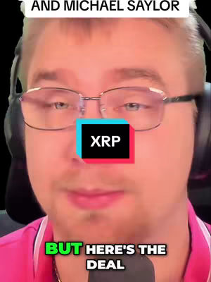 A man wearing glasses and a pink shirt is centered in a selfie-style image, with text overlays above and below. A black and teal box labeled "XRP" is featured in the center. The background is dark.