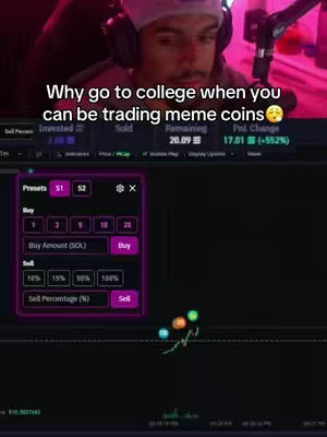The cover image showcases a man wearing a white hat and headphones, positioned in front of a screen displaying a trading interface. The text overlay poses a question about college versus trading meme coins. The screen below shows a trading interface with data, graphs, and control elements.