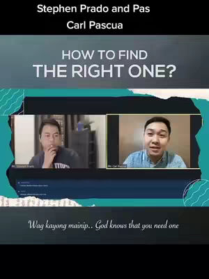 The cover image shows two men in separate video call frames against a teal to blue gradient background. Text overlays include the names of the participants and the question "HOW TO FIND THE RIGHT ONE?". Below the frames is supporting text.