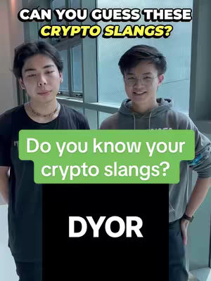 Two young men are standing side-by-side in front of a window, with text overlays. The man on the left wears a black t-shirt and a necklace, the man on the right wears glasses and a gray hoodie. There is a green rectangle that reads "Do you know your crypto slangs?" and a black rectangle that reads "DYOR". Above the two men is text that reads "CAN YOU GUESS THESE CRYPTO SLANGS?"