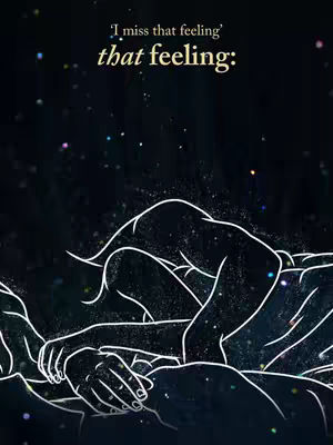 An artistic illustration of two figures entwined in embrace, rendered in white line art against a dark, starlit backdrop. The figures suggest intimacy and closeness, with details like overlapping hands and body positions conveying a sense of connection. The composition is accentuated by scattered sparkles, enhancing the ethereal quality.