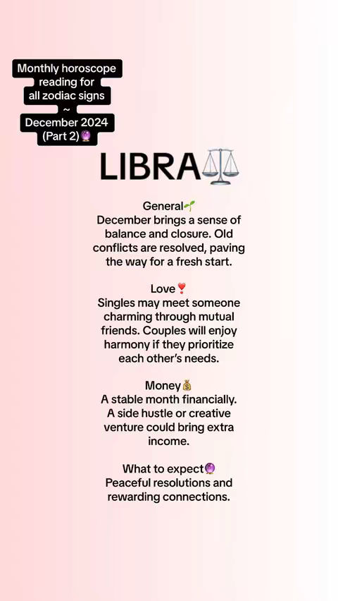 A vertical image with a soft pink background, featuring a mix of text blocks. The title "LIBRA" is prominently displayed in a large, bold font, with a stylized balance scale icon beside it. Above it there's a text overlay in a bold font that writes "Monthly horoscope reading for all zodiac signs" and "December 2024 (Part 2)". The main portion of image contains general information of Libra, love, money, and expectations for what is to come.