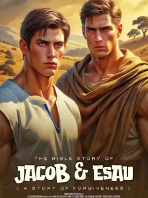The cover image presents a digital art piece showing two muscular men styled to look like biblical figures. On the left, a man with short brown hair wears a white top, a partial view. On the right, a man with similar features and hair looks out, dressed in draped brown fabric. The background suggests a sunset over a desert landscape with sparse trees and rolling hills. The title "THE BIBLE STORY OF JACOB & ESAU" is in a bold, stylized font, and the text beneath it reads "(A STORY OF FORGIVENESS)" in a smaller font.