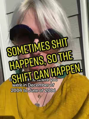 A selfie-style shot featuring a person with light-colored hair and sunglasses, the main text overlayed in a yellow rounded-cornered rectangle, on a background of the building visible in the upper right corner. The person is wearing a yellow shirt and multiple chain necklaces, with various earrings. The hook text is in yellow.