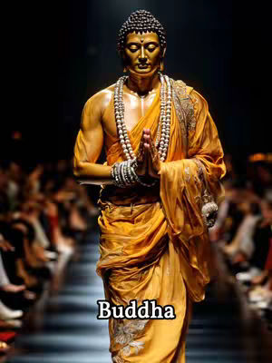 A stylized AI-generated image featuring a golden statue of Buddha in a fashion show setting. The statue is positioned center-frame, with folded hands in a prayer pose. The background shows a blurred runway with an audience. The overall composition is dark with focused lighting on the figure.