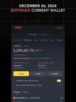 The cover image shows a screenshot of a Binance interface displaying financial data. The upper area includes the date 'DECEMBER 26, 2024' and text 'GIOTRADE CURRENT WALLET.' The main part of the screen exhibits the user's account balance '3,290,451.73 USDT,' and positions.