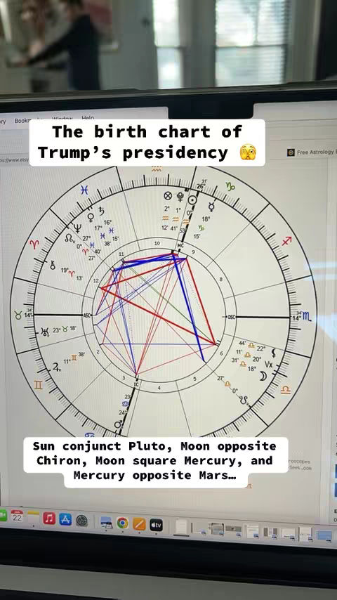 A screenshot of a laptop screen displaying an astrological chart. Bold, white text overlays the screen, detailing the chart's subject. Various lines and symbols representing astrological aspects are displayed within concentric circles.
