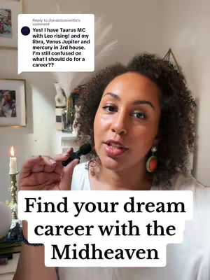 A woman with curly hair smiles at the camera, holding a small black microphone. Below her, a white bar contains the text: 'Find your dream career with the Midheaven'. In the upper left corner, a speech bubble contains some text.