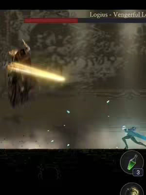 The image shows a scene from a video game. A boss character is firing a beam of energy towards a player character who is running away. The scene is set in a dark, cavernous environment. A health bar is visible at the top, along with a boss name. The player’s health is also being tracked on the interface. The atmosphere is intense, suggesting a challenging fight.