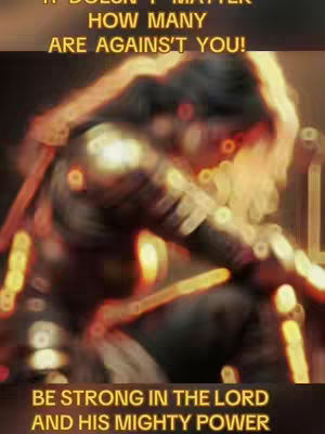 The cover image features an out-of-focus image of a person in armor kneeling with their head bowed. Text overlays in yellow at the top and bottom of the image convey a motivational message. The overall composition is dark and dramatic, with blurred light effects.