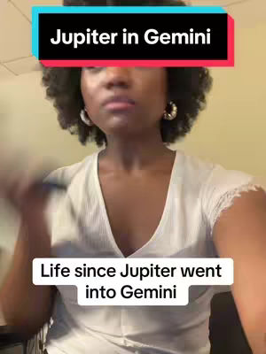 The cover image features a woman with dark, curly hair and hoop earrings, facing the camera with a composed expression. Text overlays are added: a top banner with "Jupiter in Gemini" and a bottom banner stating "Life since Jupiter went into Gemini". The background is softly lit, providing focus on the subject and the superimposed text.