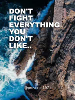 The cover image is a vertical shot depicting a natural scene. The bottom half is a mix of dark brown rocks. To the left is a body of water, presumably a sea or ocean, with white waves crashing. In the background, there's a glimpse of what appears to be a rocky cliff or wall, and the sky is mostly obscured. White overlay text saying 'DON'T FIGHT EVERYTHING YOU DON'T LIKE..' at the top and caption '@proverbs1971' at the bottom right.