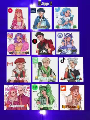 A grid of twelve illustrated character portraits, each representing a zodiac sign. The portraits are set against a dark blue background with a shiny effect. Each portrait shows a person holding a smartphone or other item related to the apps. The top row features Aries, Taurus, and Gemini; the second row, Cancer, Leo, and Virgo; the third row, Libra, Scorpio, and Sagittarius; the bottom row, Capricorn, Aquarius, and Pisces.