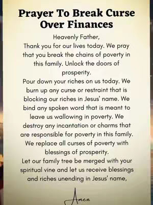 The cover image is a vertically oriented graphic featuring a prayer. The background has blurry, abstract color gradients. The content is a prayer to break curses over finances, written in a sans-serif font with some lines bolded, with the word "Amen" in cursive at the bottom.