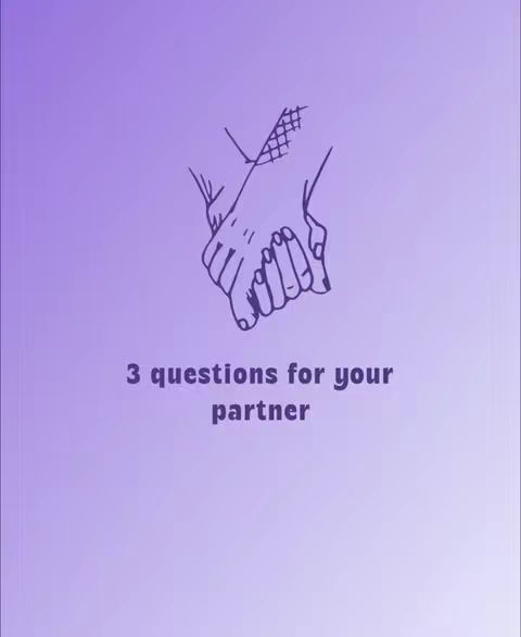 The cover image is a minimalist design with a gradient purple background. In the center, there's a line drawing of two hands clasped together, suggesting a bond or connection. Below the hands, the text '3 questions for your partner' is displayed in a sans-serif font.
