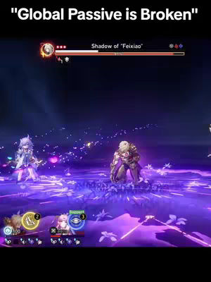 The cover image is a screenshot from a game, showing three stylized character figures engaged in battle. Text at the top says 'Global Passive is Broken'. The scene has a dark background with purple, glowing effects.