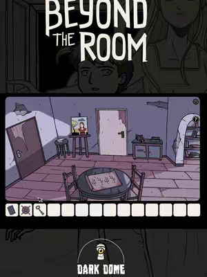 The image is an illustration for a mobile escape game, showing a room with a table and clues, and a cartoon face looking as if they are looking at camera.