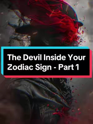 The cover image features a dark, layered composition with a blurred figure or silhouette as the central element. A text overlay introduces "The Devil Inside Your Zodiac Sign - Part 1" in white font within a black rectangle, highlighted by a teal top and red bottom, emphasizing the video's title. The background suggests a sense of depth and mystery, with color accents providing visual interest and setting a mysterious tone.