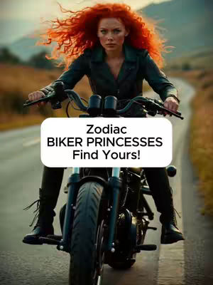 A woman with bright red, windswept hair sits on a black motorcycle on a blurred road. She is wearing a leather jacket and boots. A white rectangle overlaid on top contains the text 'Zodiac BIKER PRINCESSES Find Yours!' The background features a blurred road and mountains under a hazy sky.