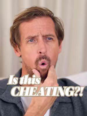 A man with a concerned expression touches his chin while text in a stylized font asks, 'Is this cheating?'