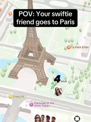 The cover image shows a map-like background with the Eiffel Tower prominently displayed. A text overlay identifies the scene as a POV of a Swiftie in Paris. Additional floating elements include a speed indicator and a small profile image of an individual wearing sunglasses.