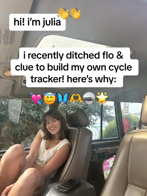 A selfie taken from inside a vehicle, likely a car, with the creator smiling. The background includes a view of vegetation and water, possibly the ocean or a large lake, suggesting an outdoor setting. The interior of the vehicle has brown seats and a visible dashboard. Text overlays on the image introduce the creator and a statement about building a cycle tracker.