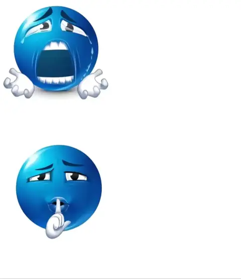 The image is a split view against a white background. The top half features a blue emoji with a crying face, open mouth, and arms spread below it. The bottom half contains a blue emoji with a thoughtful expression and a finger to its lips. The overall composition uses emojis to depict emotional stages against a clean, minimalist background.