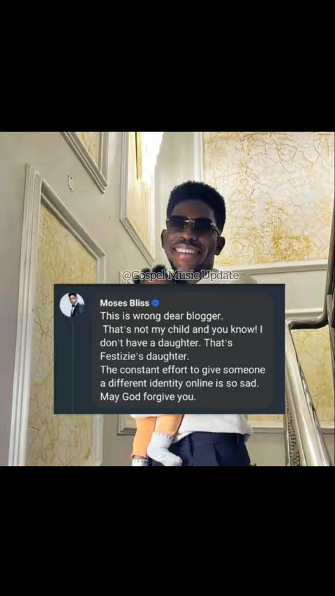 The cover image is a semi-candid photo of Moses Bliss, seen from the chest up, holding a child. A text overlay features a screen capture of a Twitter post from Moses Bliss, addressing rumors about a photo.
