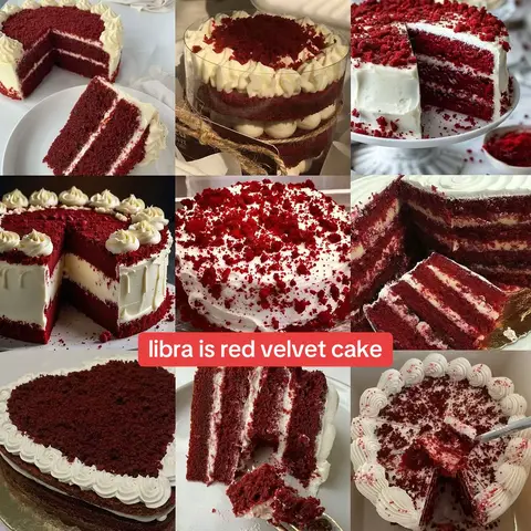 A collage of nine images featuring various red velvet cakes. The cakes are mostly round with white frosting and red cake layers. Some have a slice cut out, showing the interior.