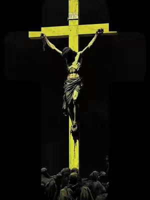 The image shows a stylized, artistic rendition of the crucifixion of Jesus. A large, bright yellow cross dominates the composition, set against a stark black background. On the cross, a figure representing Jesus is depicted with a darkened, shadowed face, his body appearing emaciated, and he is draped in a simple cloth around his waist. His arms are outstretched and nailed to the cross. Below, a crowd of figures, also silhouetted in the darkness, watch the scene. The color palette is limited, with the bright yellow of the cross and the pale figure of Jesus contrasting sharply against the black.