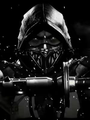 The image is a black and white representation of a character from the Mortal Kombat series, specifically Scorpion. The character is wearing a hooded mask and armor. Small glowing particles surround the character, and the overall composition is dark and dramatic.