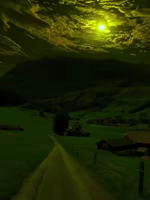 An otherworldly landscape scene bathed in a vibrant yellow-green hue, evoking a sense of mystery and fantasy. The sky is a swirling mix of yellow and darker tones, suggesting clouds or atmospheric effects. Below, the land features rolling hills, a village or group of buildings, and a winding path leading into the distance. The overall composition is vertical and the lighting creates strong contrast.